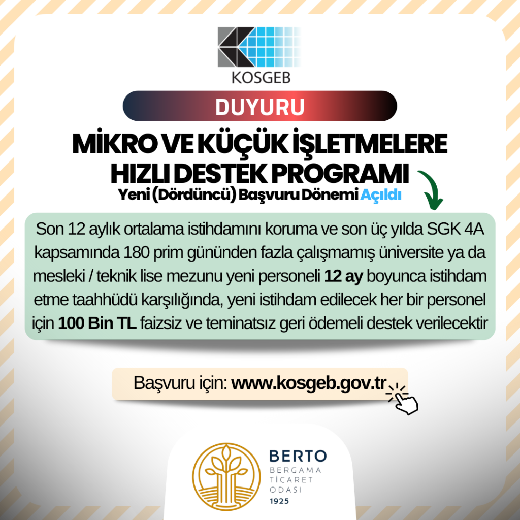 KOSGEB HIZLI DESTEK PROGRAMI (DÖRDÜNCÜ DÖNEM) BAŞVURULARI BAŞLADI